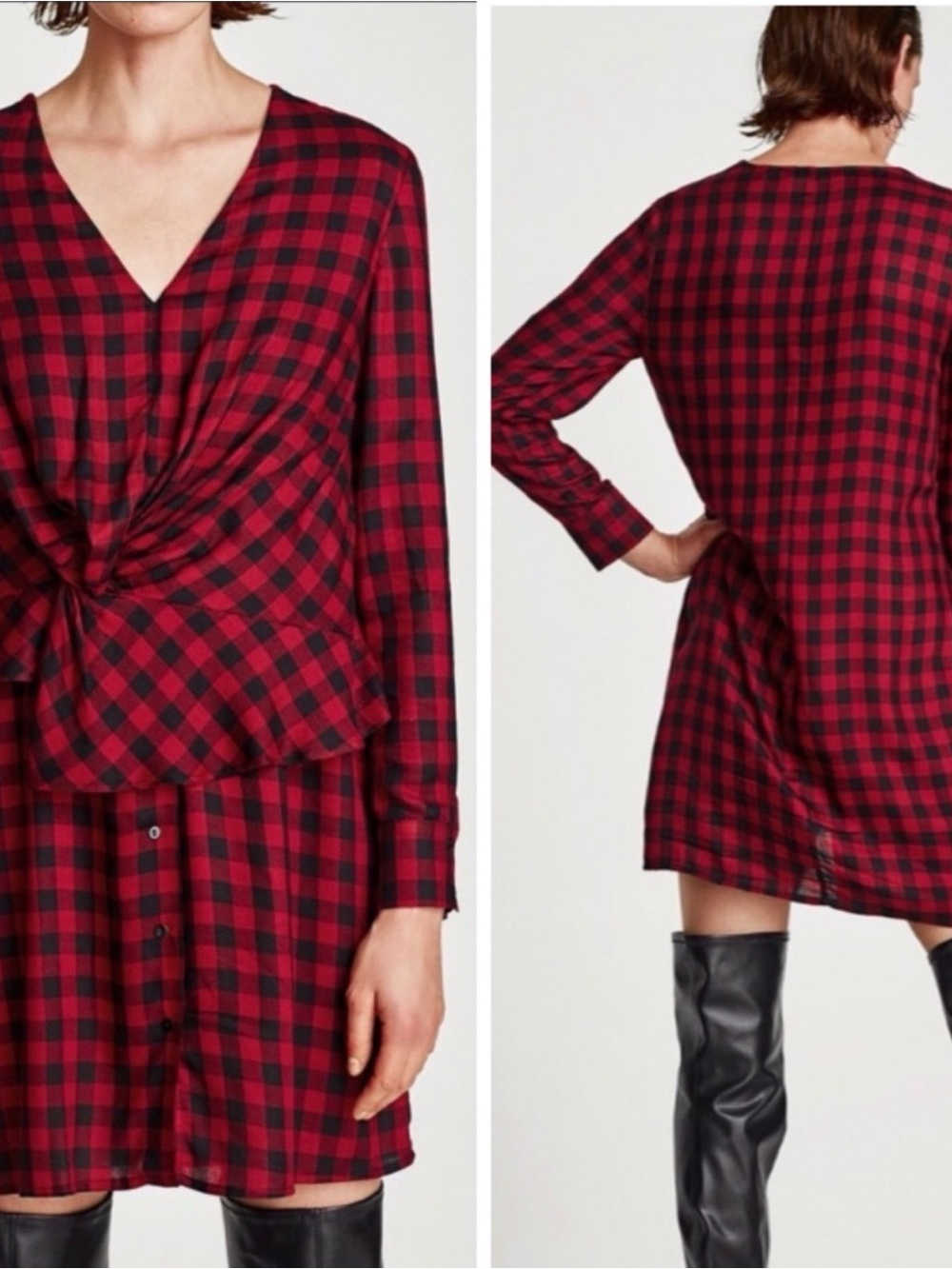 Zara Red and Black Plaid Twist-Front Mini Dress